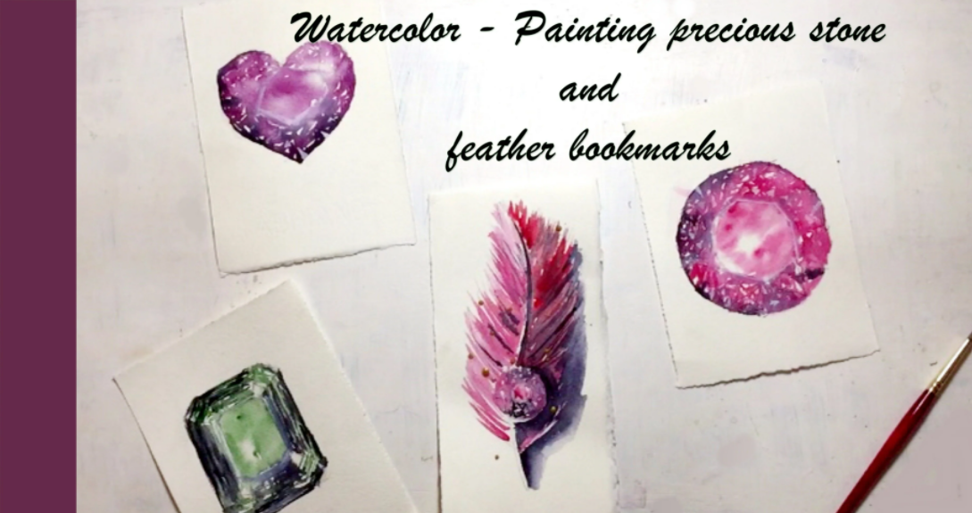 Watercolor – Painting precious stone and feather bookmarks1